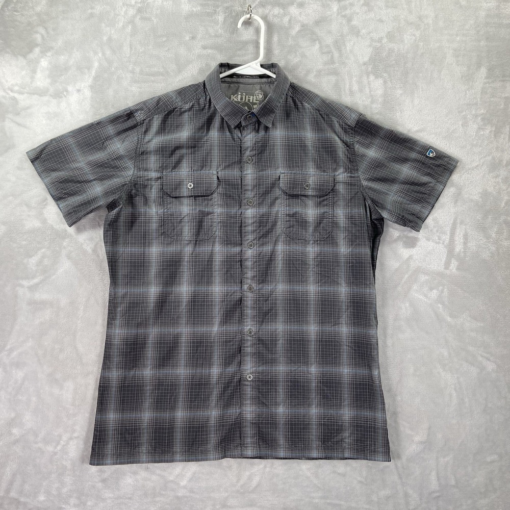 KUHL Shirt Mens Medium Response Button Up Eluxur Short Sleeve Gray Plaid Outdoor